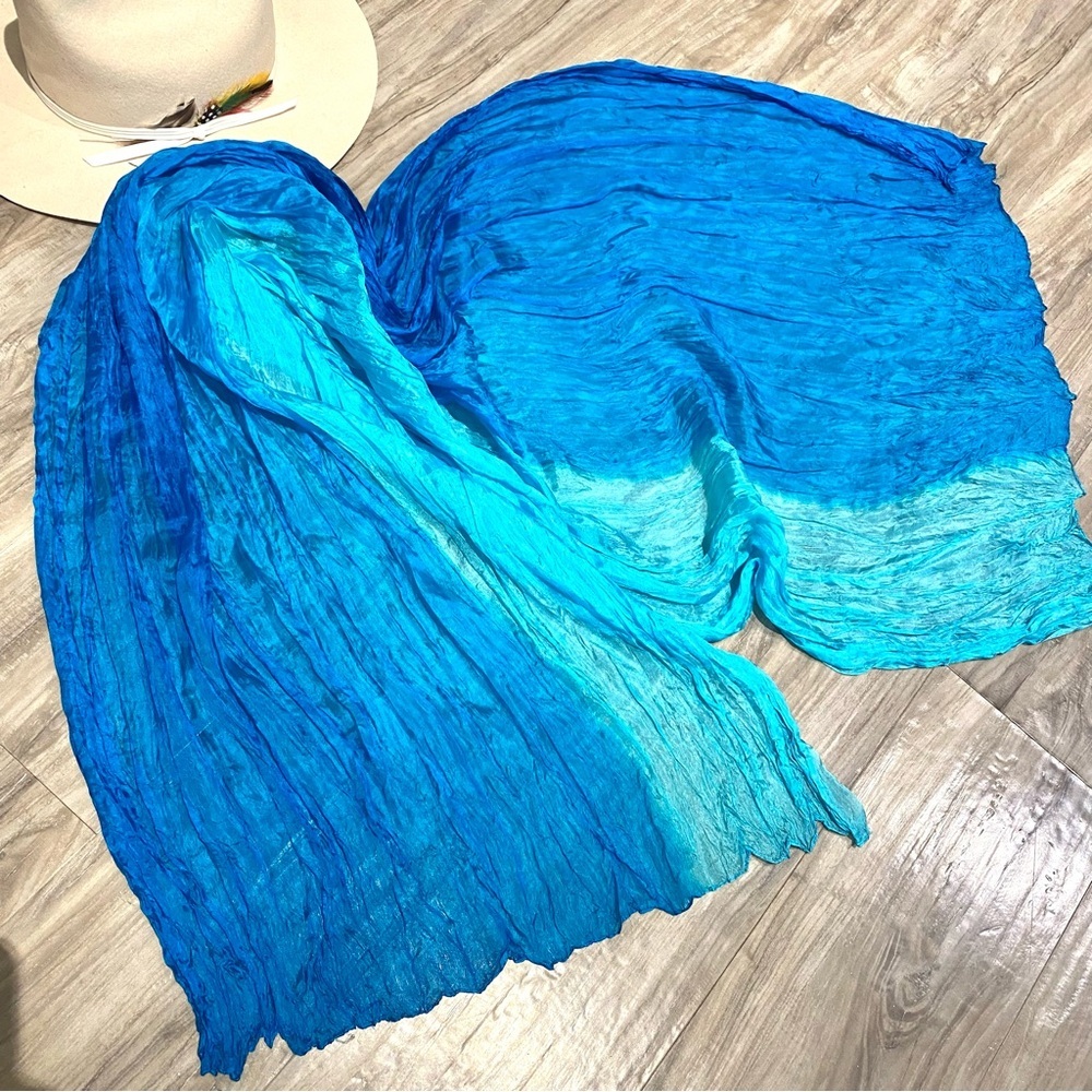 Aqua OMBRA crinkly boho Silk scarf/wrap w beach resort vacay coastal vibe